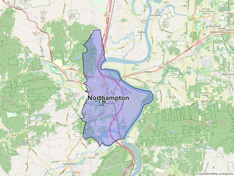 Map of Northampton, Massachusetts and ZIP codes