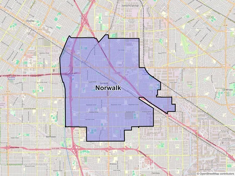 Map of Norwalk, California and ZIP codes