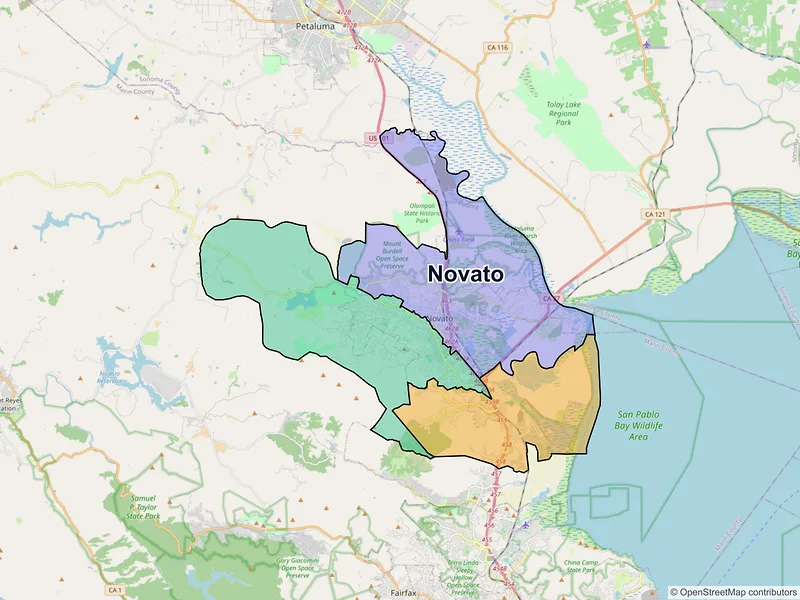 Map of Novato, California and ZIP codes
