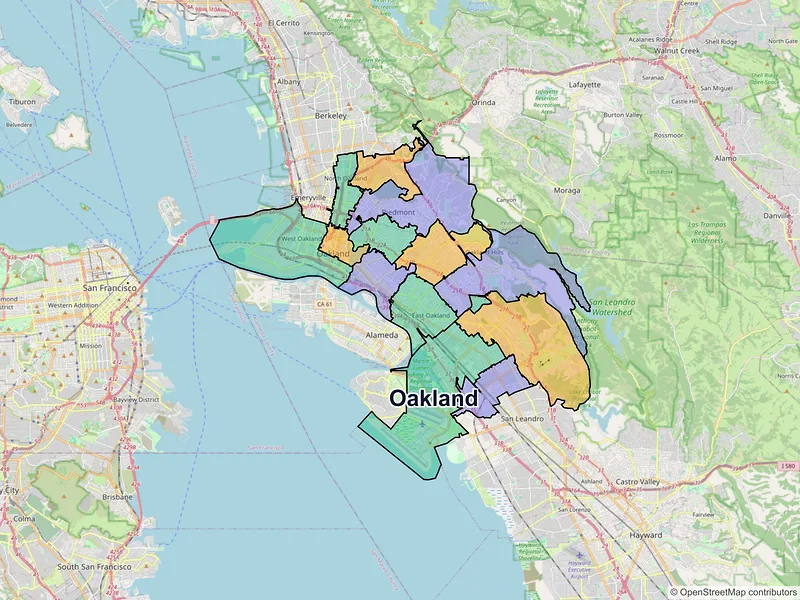Map of Oakland, California and ZIP codes