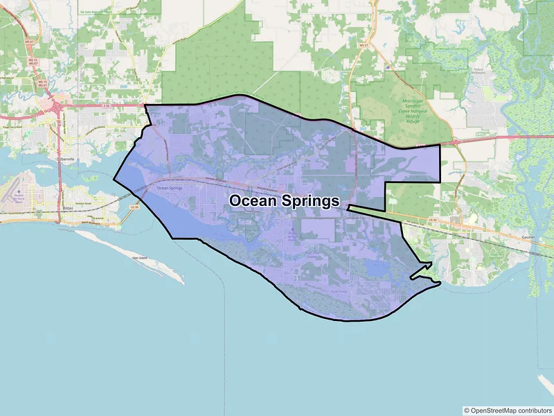 Map of Ocean Springs, Mississippi and ZIP codes