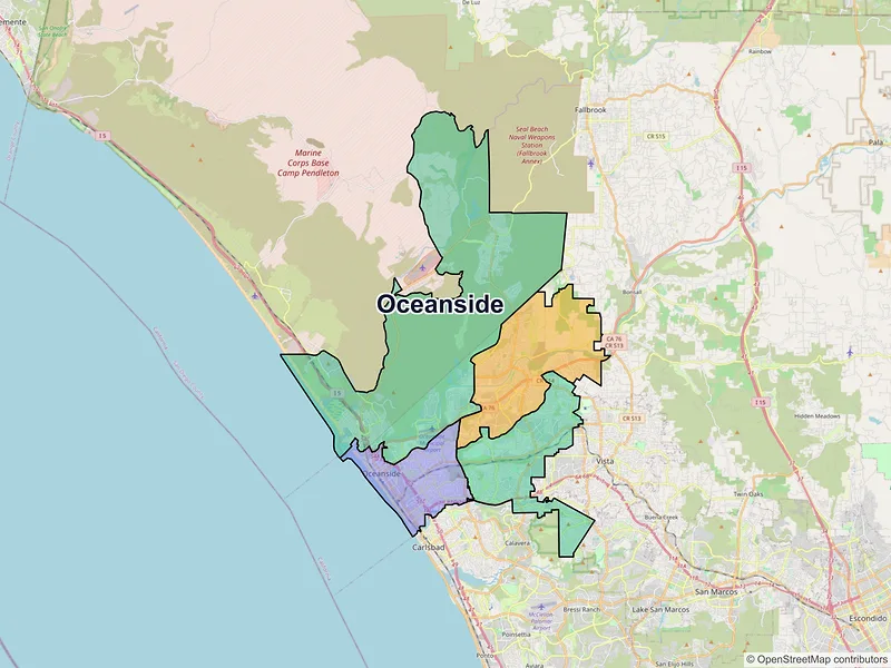 Map of Oceanside, California and ZIP codes