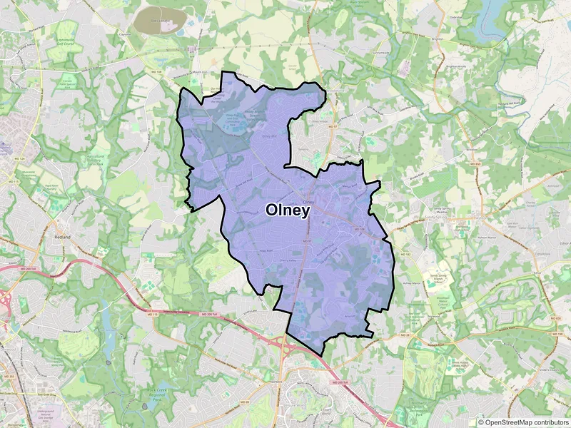 Map of Olney, Maryland and ZIP codes