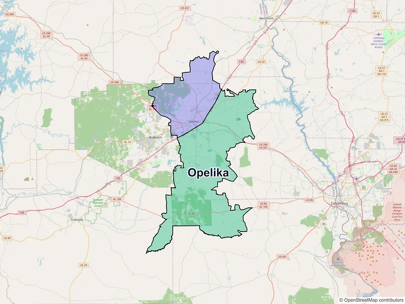 Map of Opelika, Alabama and ZIP codes