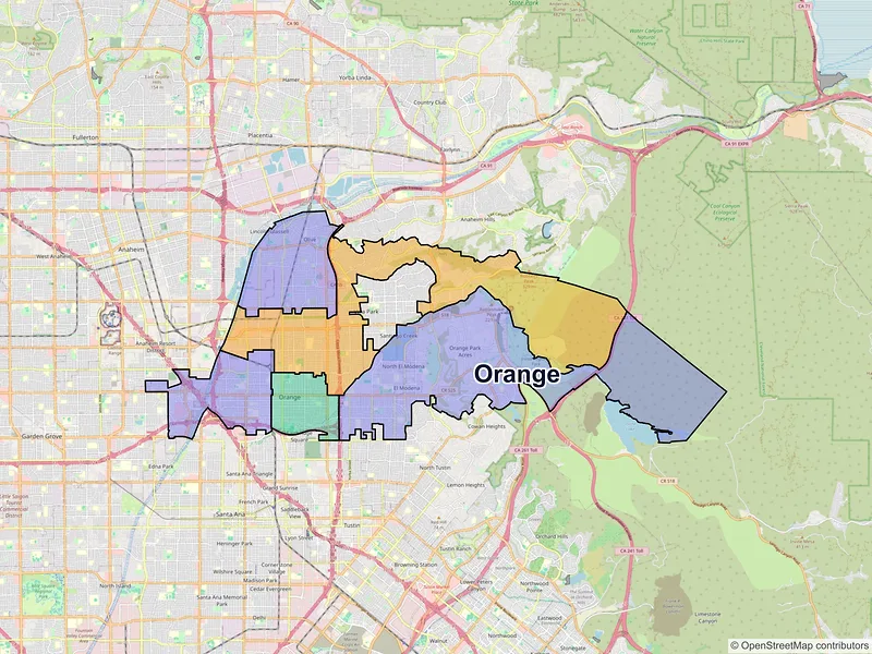 Map of Orange, California and ZIP codes