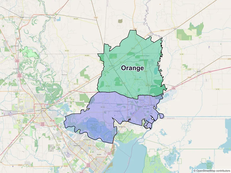Map of Orange, Texas and ZIP codes