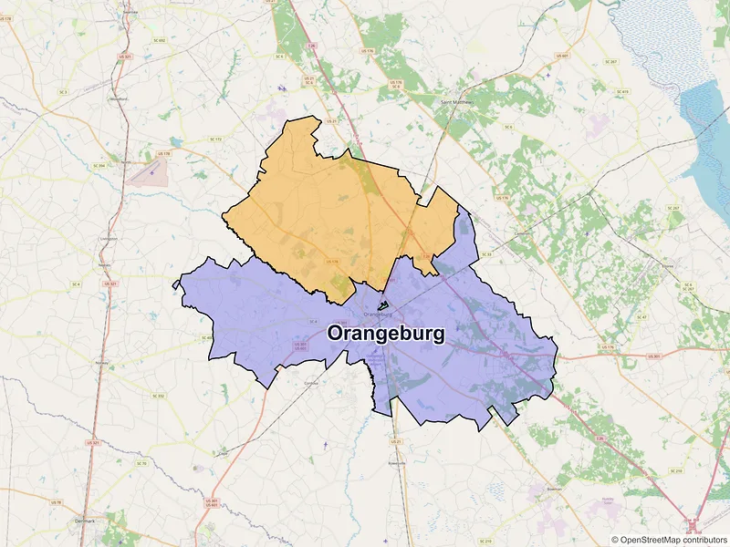 Map of Orangeburg, South Carolina and ZIP codes