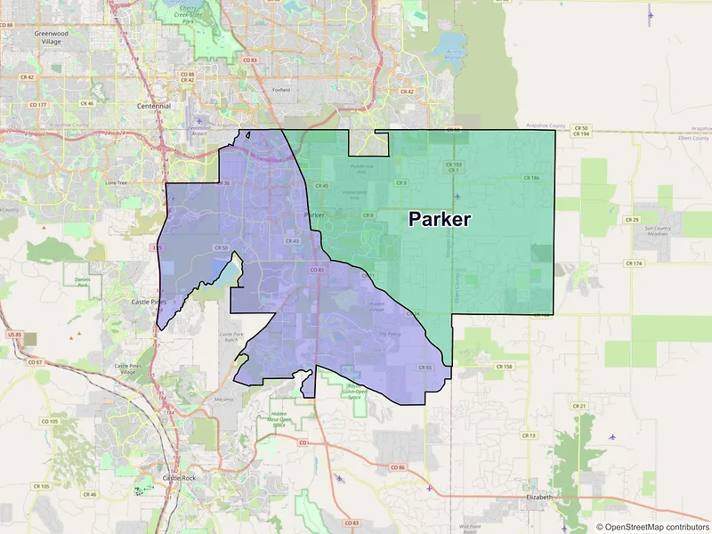 Map of Parker, Colorado and ZIP codes