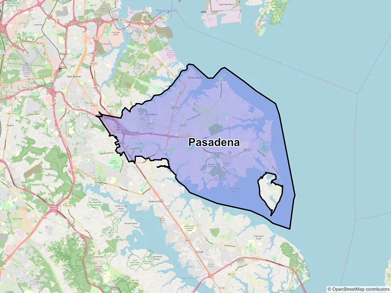 Map of Pasadena, Maryland and ZIP codes