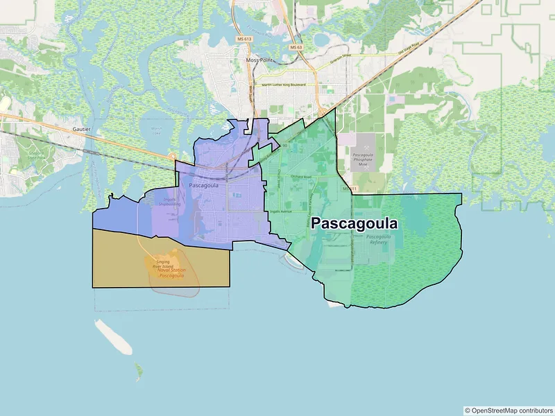 Map of Pascagoula, Mississippi and ZIP codes