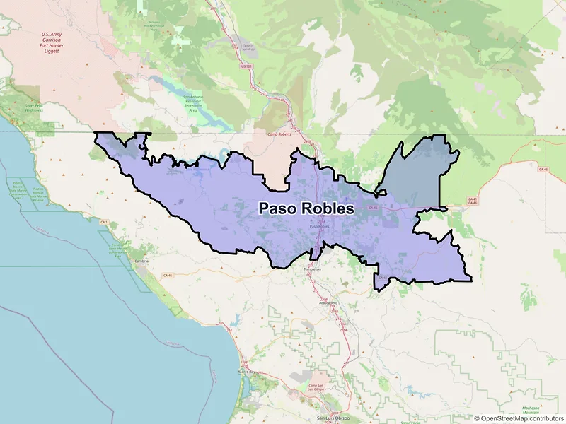 Map of Paso Robles, California and ZIP codes