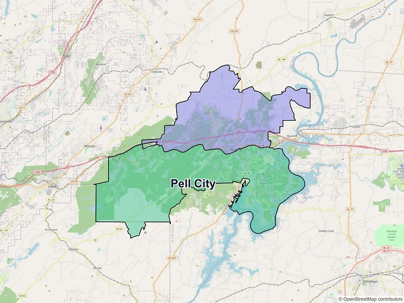 Map of Pell City, Alabama and ZIP codes