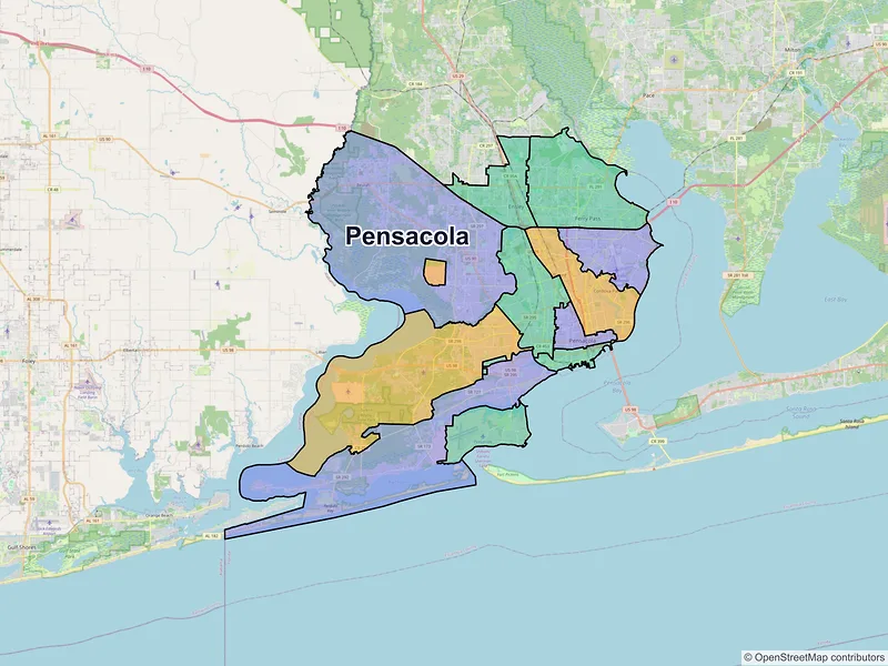 Map of Pensacola, Florida and ZIP codes
