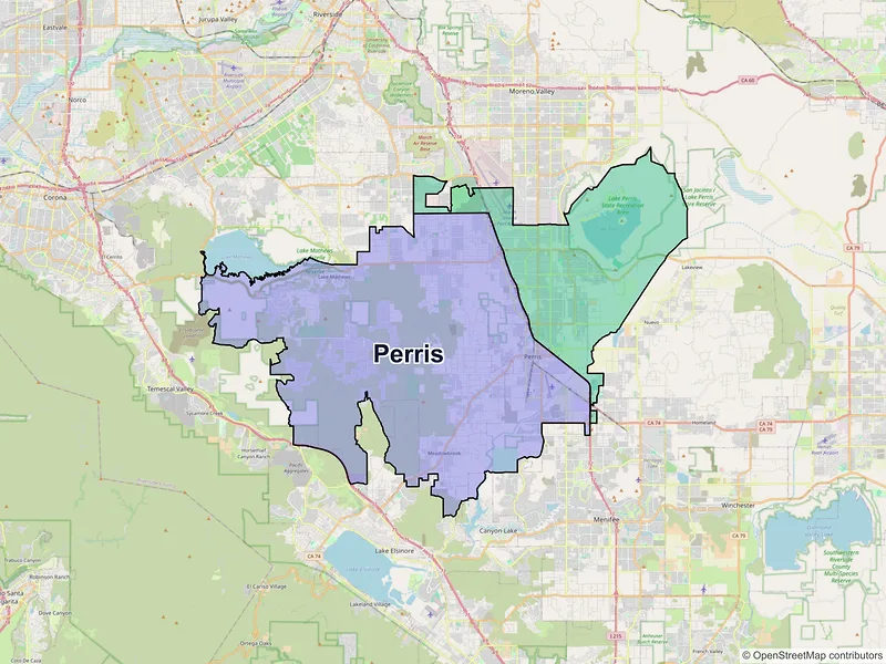 Map of Perris, California and ZIP codes
