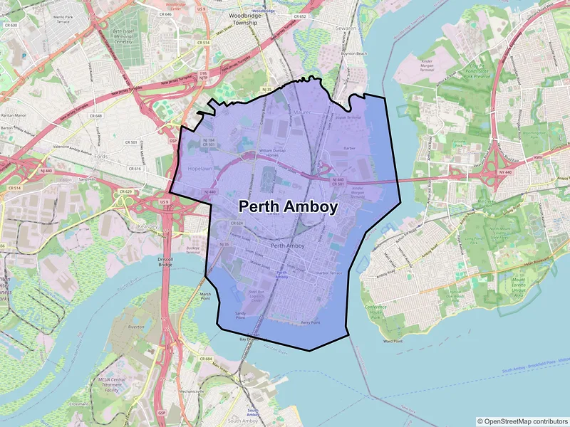 Map of Perth Amboy, New Jersey and ZIP codes