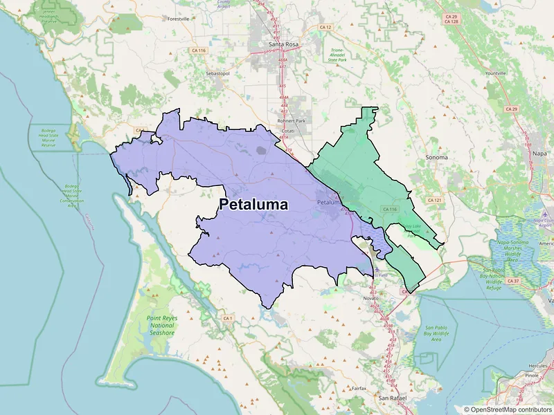 Map of Petaluma, California and ZIP codes
