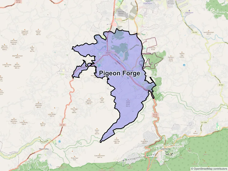 Map of Pigeon Forge, Tennessee and ZIP codes