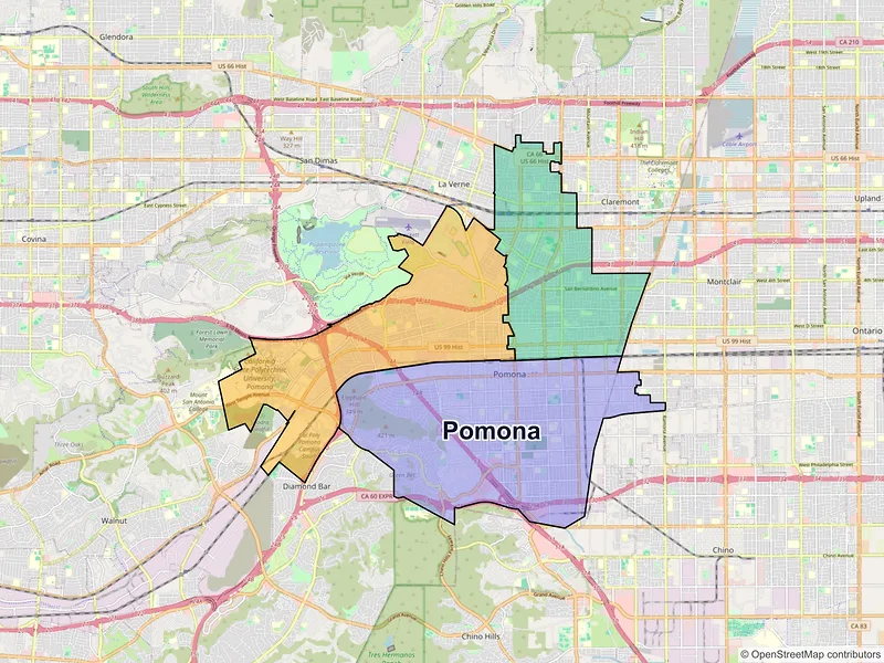 Map of Pomona, California and ZIP codes