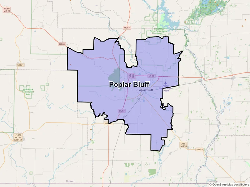 Map of Poplar Bluff, Missouri and ZIP codes