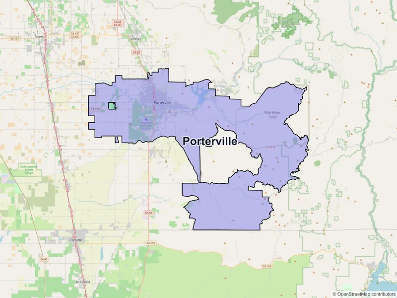 Map of Porterville, California and ZIP codes
