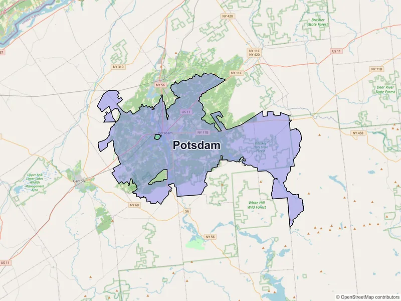 Map of Potsdam, New York and ZIP codes
