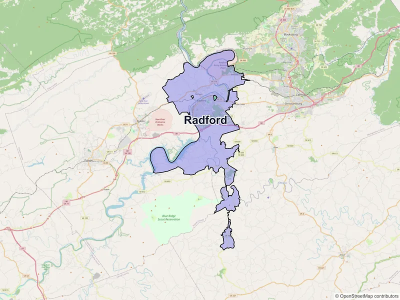 Map of Radford, Virginia and ZIP codes