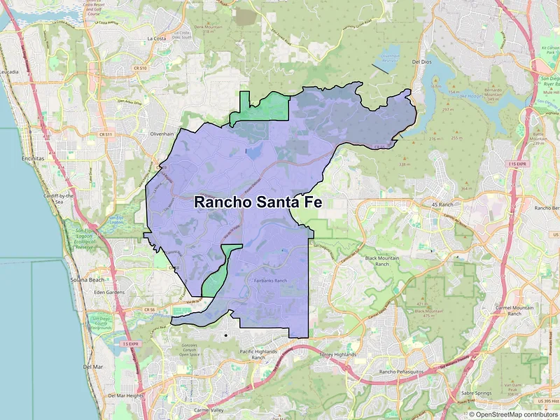 Map of Rancho Santa Fe, California and ZIP codes