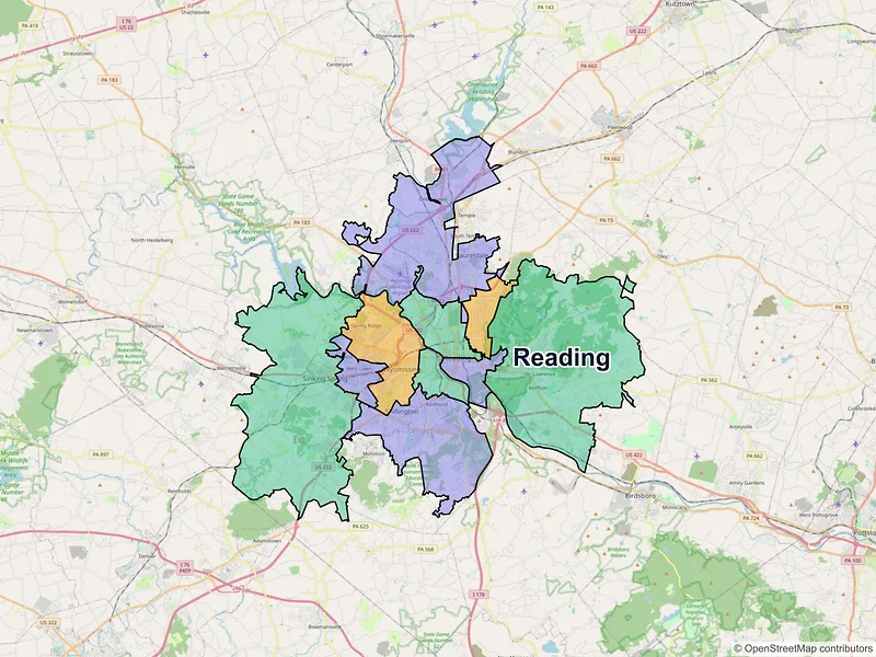 Map of Reading, Pennsylvania and ZIP codes