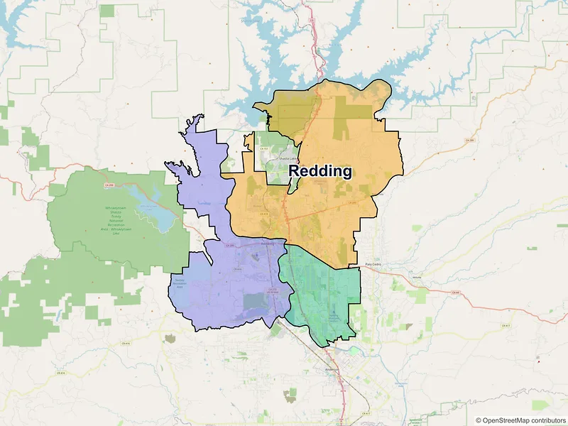 Map of Redding, California and ZIP codes