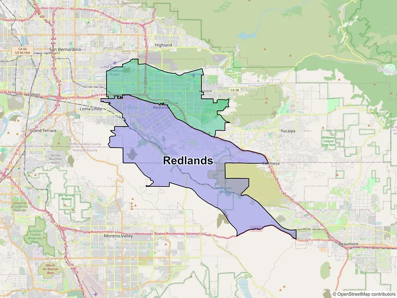 Map of Redlands, California and ZIP codes