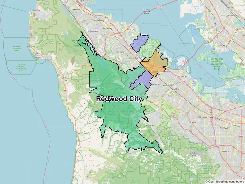 Map of Redwood City, California and ZIP codes