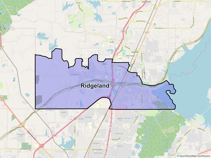 Map of Ridgeland, Mississippi and ZIP codes