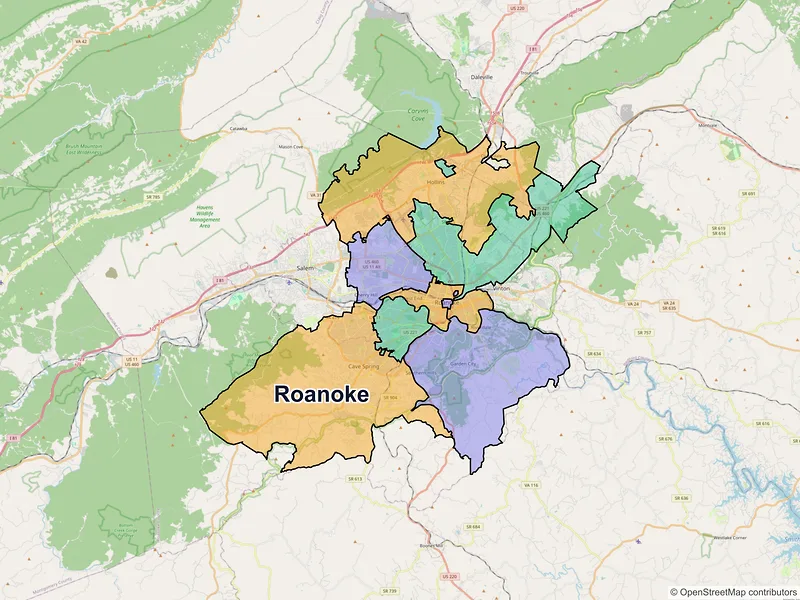 Map of Roanoke, Virginia and ZIP codes