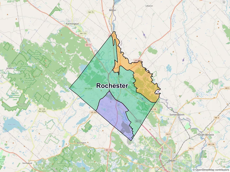 Map of Rochester, New Hampshire and ZIP codes