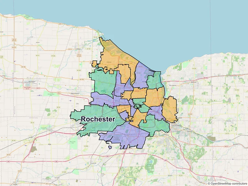 Map of Rochester, New York and ZIP codes