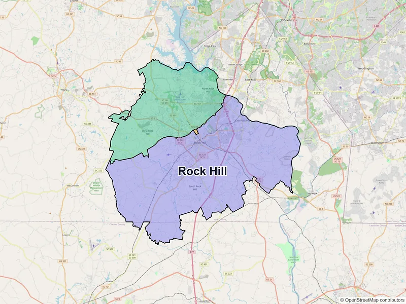 Map of Rock Hill, South Carolina and ZIP codes