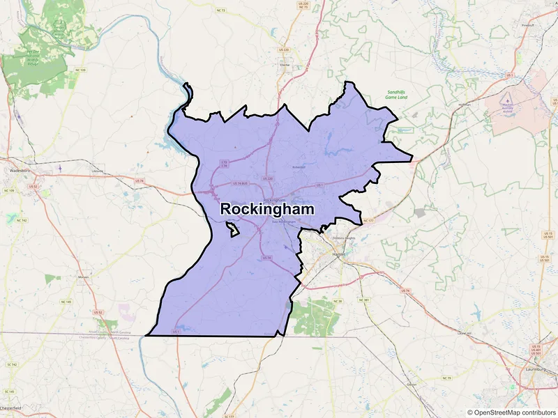 Map of Rockingham, North Carolina and ZIP codes