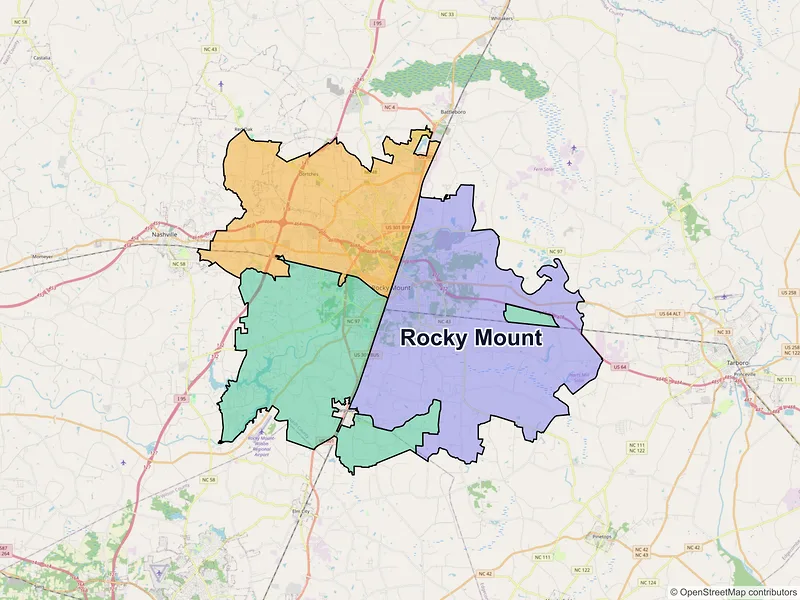 Map of Rocky Mount, North Carolina and ZIP codes