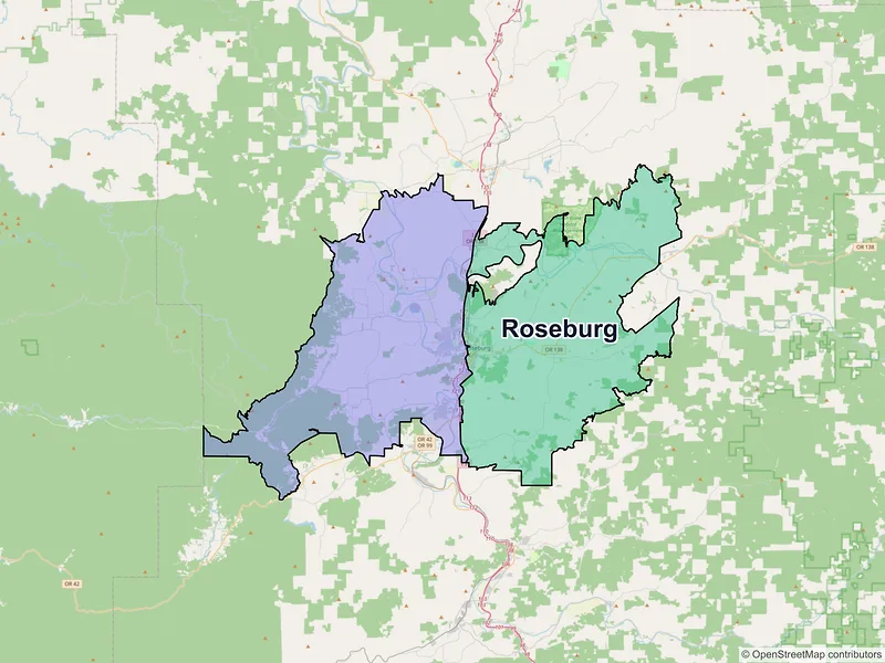 Map of Roseburg, Oregon and ZIP codes
