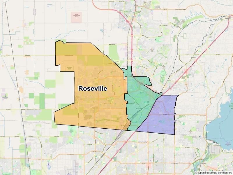 Map of Roseville, California and ZIP codes