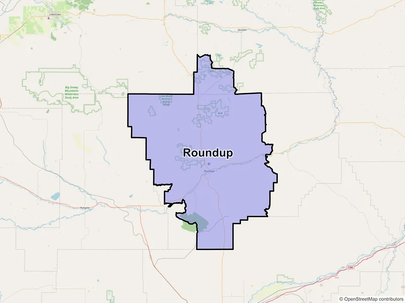 Map of Roundup, Montana and ZIP codes