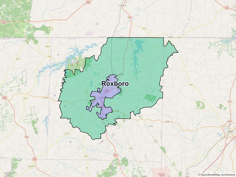 Map of Roxboro, North Carolina and ZIP codes