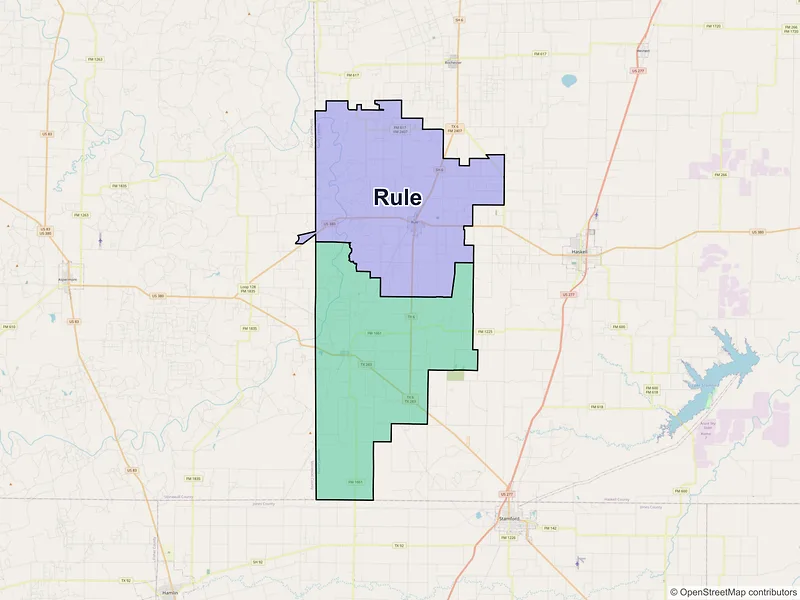 Map of Rule, Texas and ZIP codes