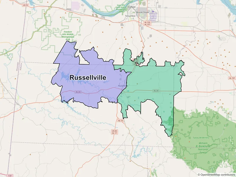 Map of Russellville, Alabama and ZIP codes