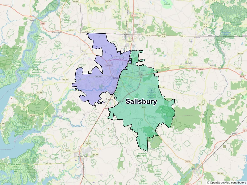Map of Salisbury, Maryland and ZIP codes