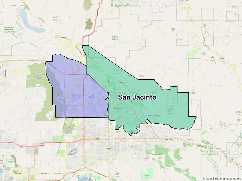 Map of San Jacinto, California and ZIP codes