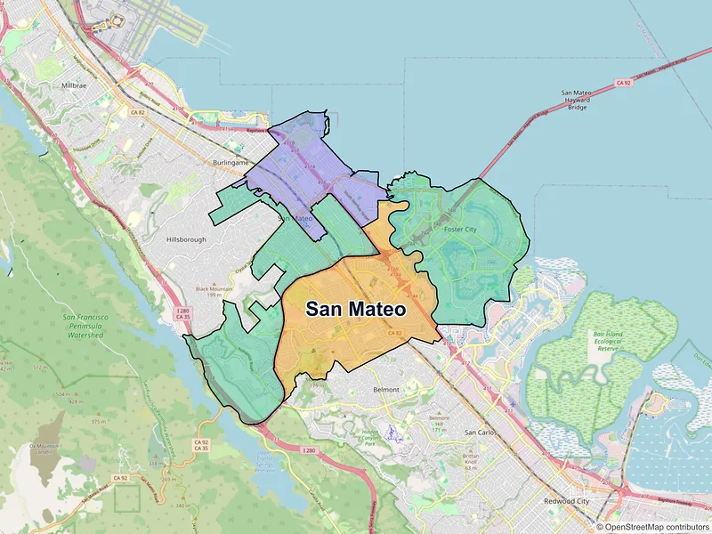Map of San Mateo, California and ZIP codes