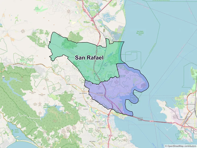 Map of San Rafael, California and ZIP codes