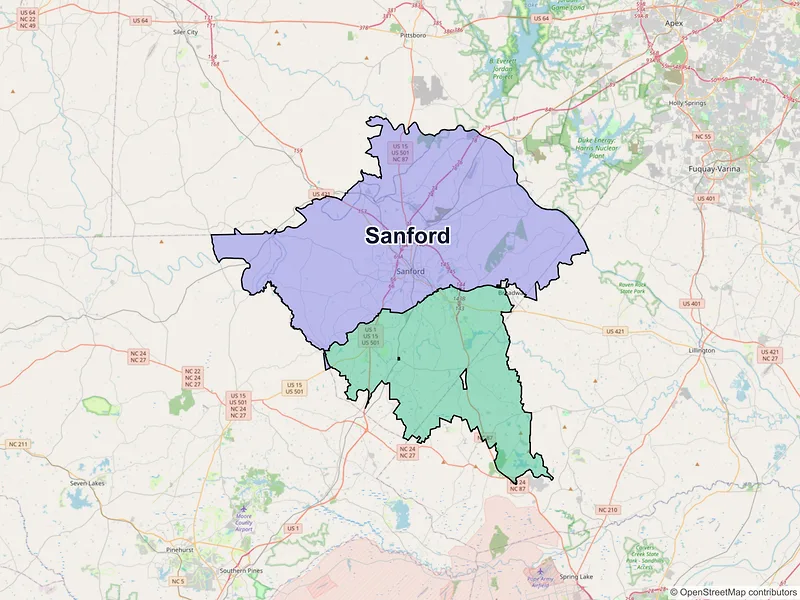 Map of Sanford, North Carolina and ZIP codes