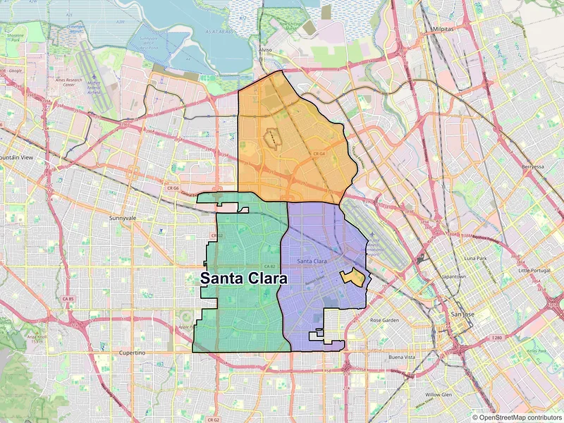 Map of Santa Clara, California and ZIP codes